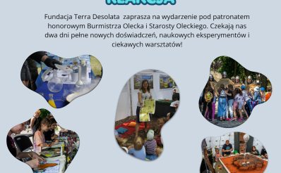 Plakat zapraszający w dniach 18-19 września 2026 r. do Olecka na Festiwal Pasji do Nauki "Reakcja" Olecko 2026.