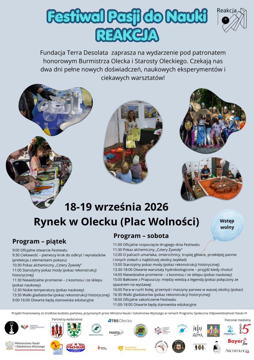 Plakat zapraszający w dniach 18-19 września 2026 r. do Olecka na Festiwal Pasji do Nauki "Reakcja" Olecko 2026.