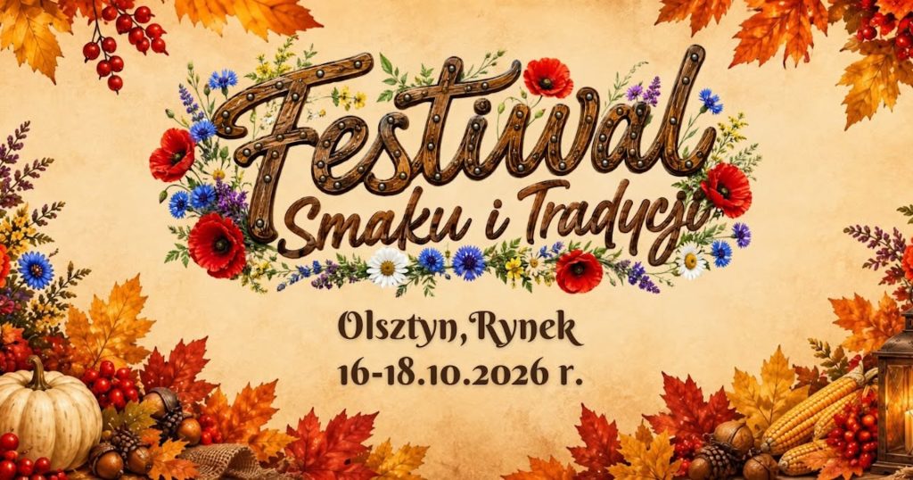Plakat zapraszający w dniach 16-18 października 2026 r. do Olsztyna na Festiwal Smaku i Tradycji Olsztyn 2026.