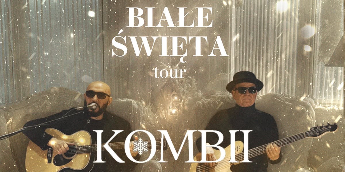 Plakat zapraszający na koncert zespołu Kombii - Świąteczny Koncert „Białe Święta”. 