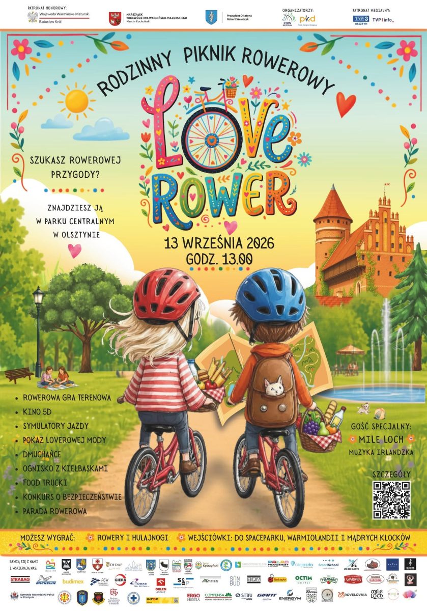 Plakat zapraszający w niedzielę 13 września 2026 r. do Olsztyna na Rodzinny Piknik Rowerowy „Love Rower”! Olsztyn 2026.  