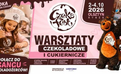Plakat zapraszający w dniach 2-4 października 2026 r. do Olsztyna na Warsztaty Czekoladowe i Cukiernicze CZEKO FEST Olsztyn 2026. 