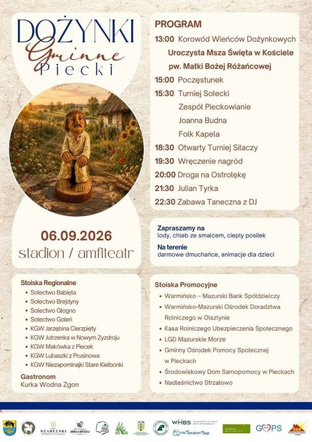 Plakat zapraszający w niedzielę 6 września 2026 r. do miejscowości Piecki na Dożynki Gminne Piecki 2026.