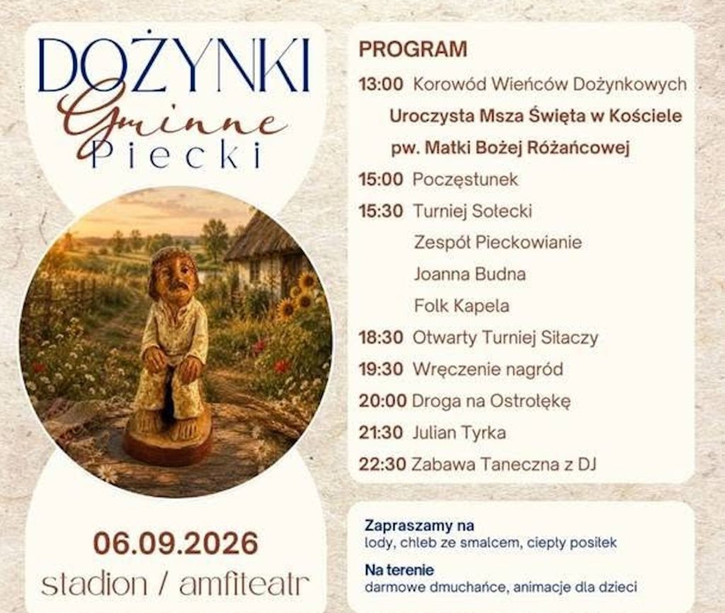 Plakat zapraszający w niedzielę 6 września 2026 r. do miejscowości Piecki na Dożynki Gminne Piecki 2026.