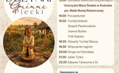 Plakat zapraszający w niedzielę 6 września 2026 r. do miejscowości Piecki na Dożynki Gminne Piecki 2026.