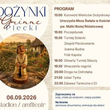Plakat zapraszający w niedzielę 6 września 2026 r. do miejscowości Piecki na Dożynki Gminne Piecki 2026.