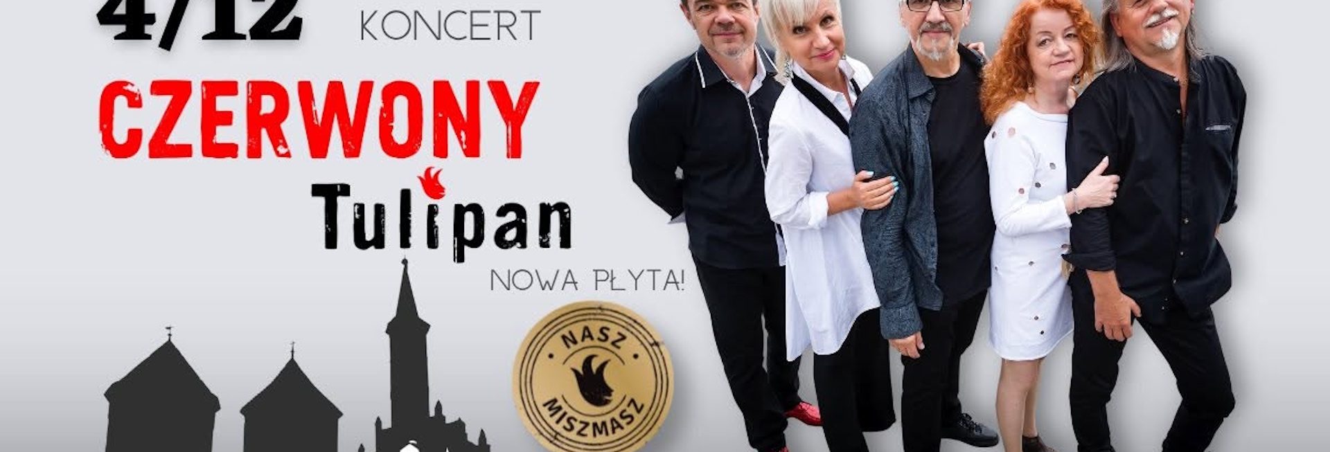Plakat zapraszający w piątek 4 grudnia 2026 r. do Reszla na koncert zespołu Czerwony Tulipan "Nasz Miszmasz" Zamek Reszel 2026.  