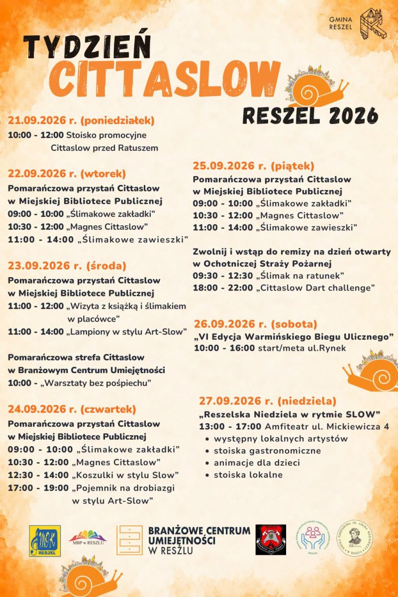 Plakat zapraszający w dniach 21-27 września 2026 r. do Reszla na Tydzień z Cittaslow Reszel 2026. 