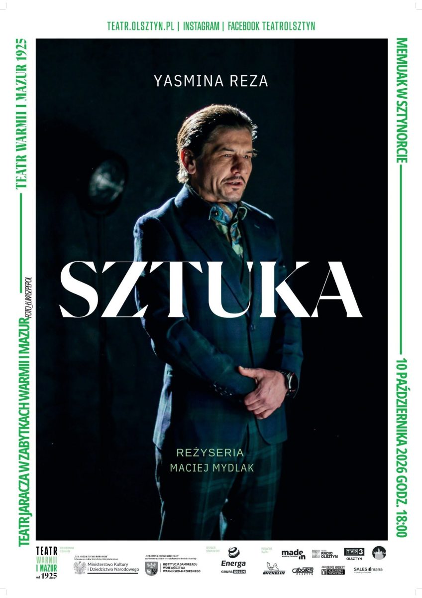Plakat zapraszający w sobotę 10 października 2026 r. do Sztynortu na spektakl teatralny „SZTUKA” Teatru im. Stefana Jaracza - Memuak Sztynort 2026.  