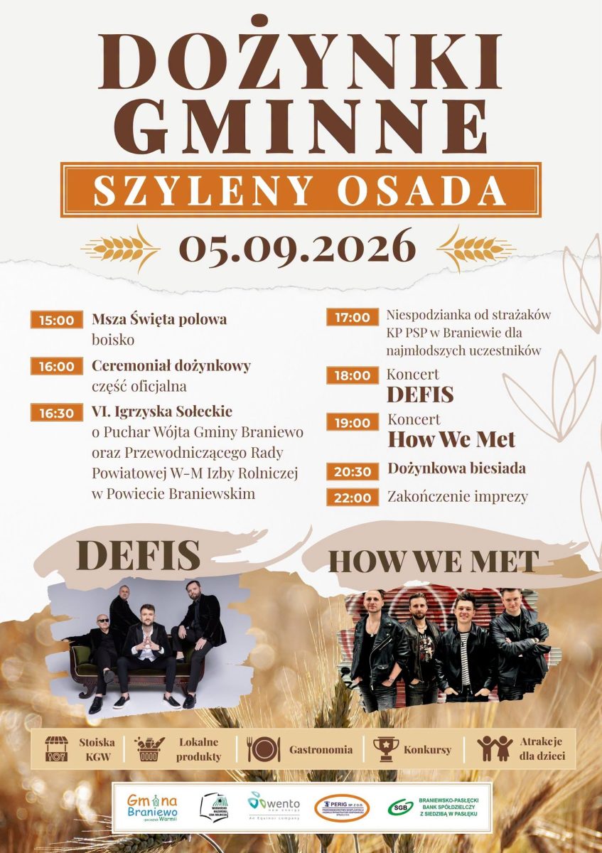 Plakat zapraszający w sobotę 5 września 2026 r. do miejscowości Szyleny-Osada w gminie Braniewo na Dożynki Gminy Braniewo Szyleny-Osada 2026. 