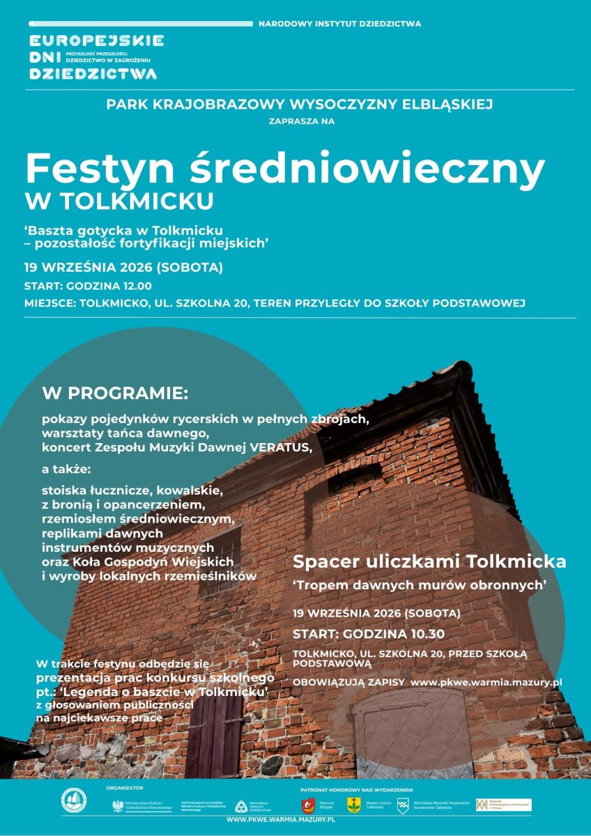 Plakat zapraszający w sobotę 19 września 2026 r. do Tolkmicka na Festyn Średniowieczny Tolkmicko 2026. 