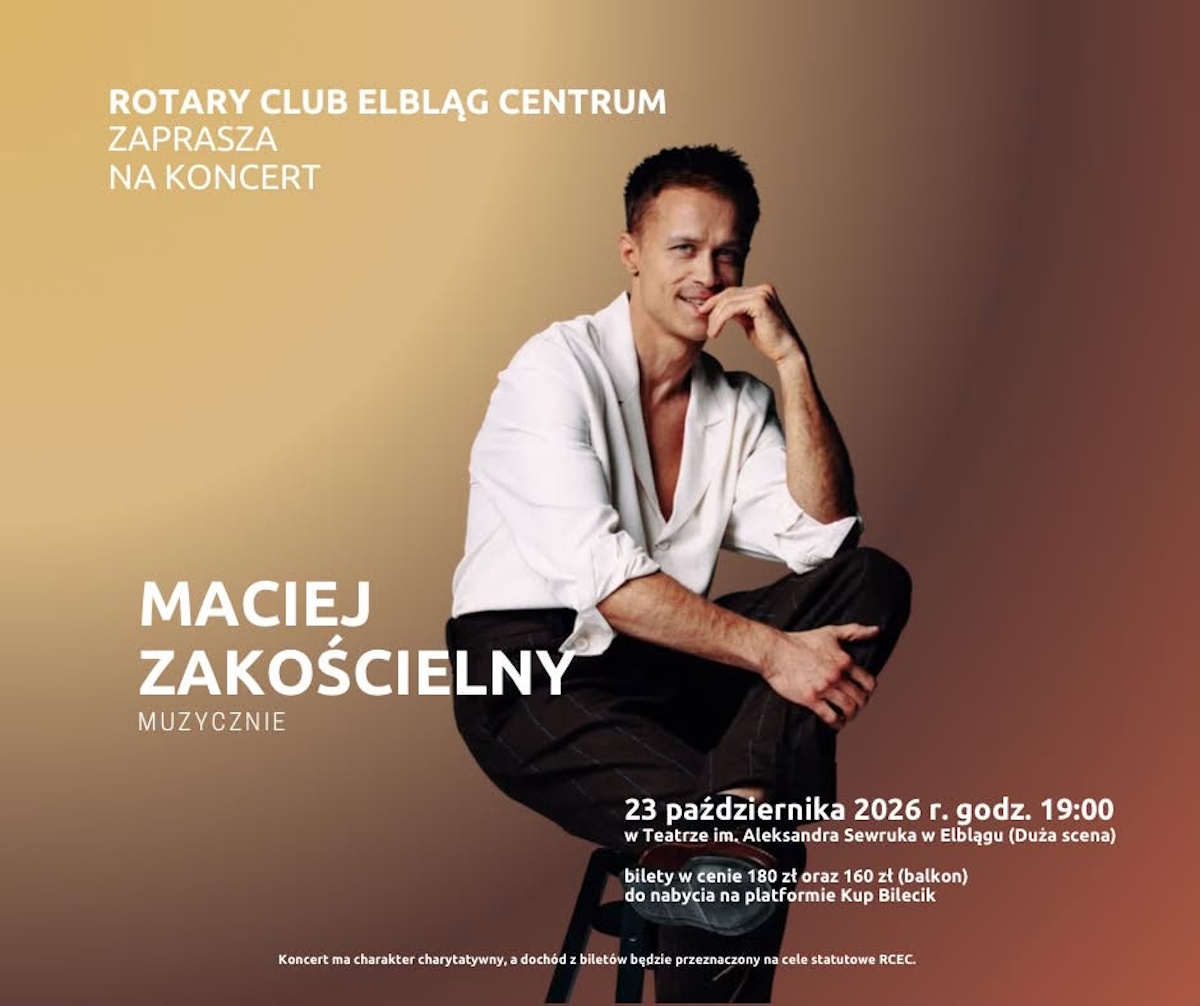 Plakat zapraszający w piątek 23 października 2026 r. do Elbląga na koncert Macieja Zakościelnego "Muzycznie" Elbląg 2026. 