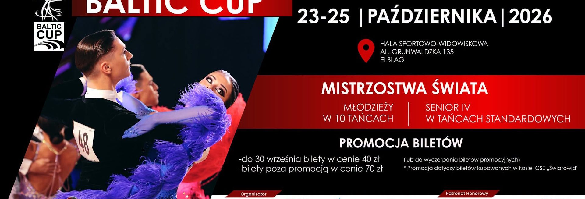 Plakat zapraszający w dniach 23-25 października 2026 r. do Elbląga na Międzynarodowy Festiwal Tańca Baltic Cup Elbląg 2026. 