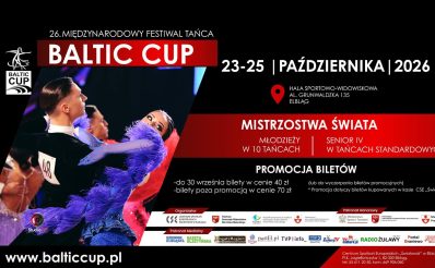 Plakat zapraszający w dniach 23-25 października 2026 r. do Elbląga na Międzynarodowy Festiwal Tańca Baltic Cup Elbląg 2026. 
