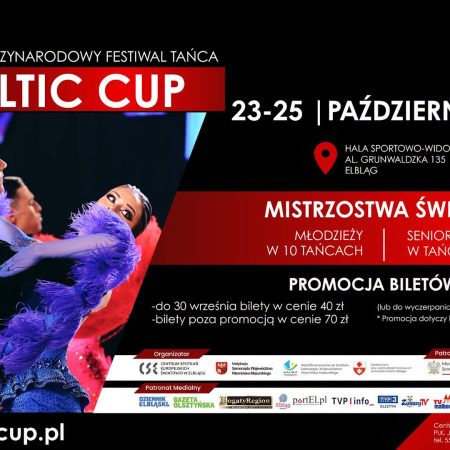 Plakat zapraszający w dniach 23-25 października 2026 r. do Elbląga na Międzynarodowy Festiwal Tańca Baltic Cup Elbląg 2026. 