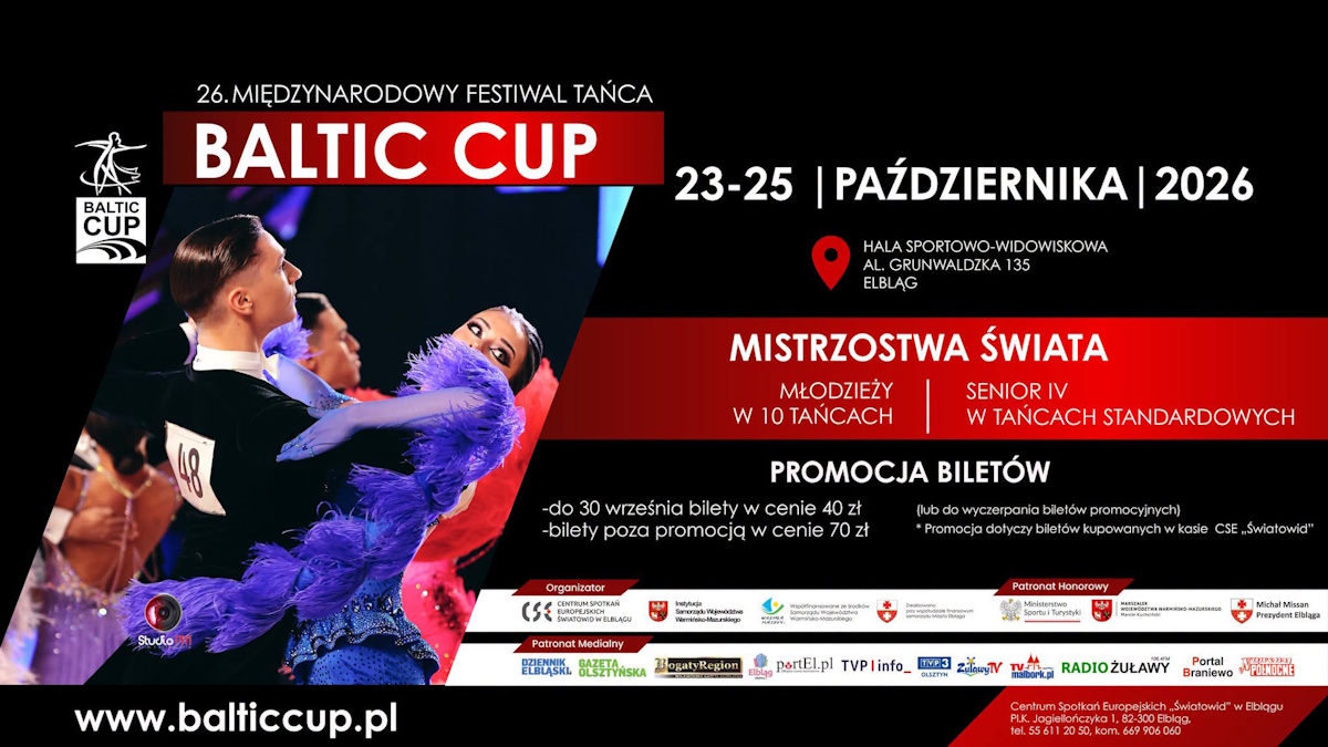 Plakat zapraszający w dniach 23-25 października 2026 r. do Elbląga na Międzynarodowy Festiwal Tańca Baltic Cup Elbląg 2026. 