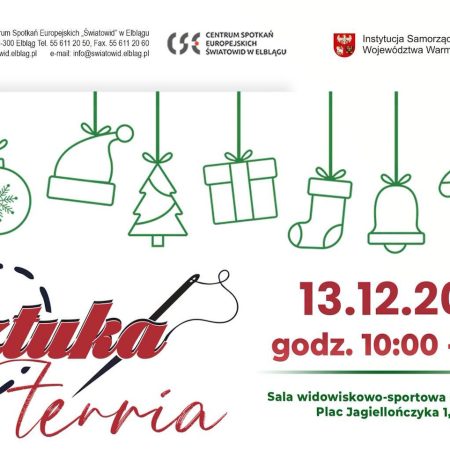 Plakat zapraszający w niedzielę 13 grudnia 2026 r. do Elbląga na Warmińsko-Mazurski Jarmark Wyrobów Artystycznych SztukaTERRiA Elbląg 2026.