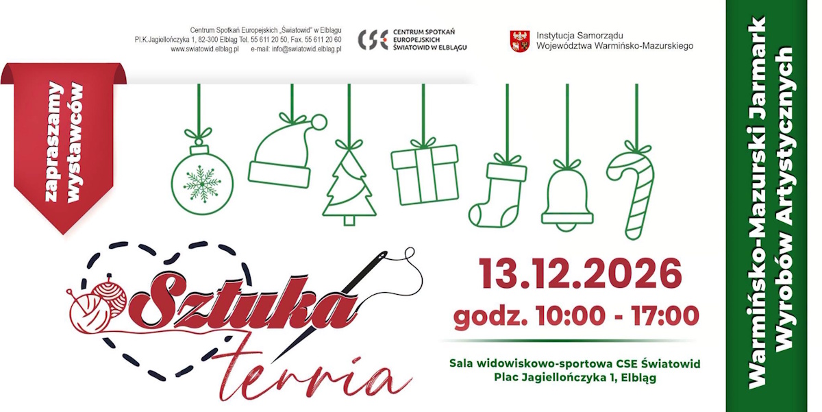 Plakat zapraszający w niedzielę 13 grudnia 2026 r. do Elbląga na Warmińsko-Mazurski Jarmark Wyrobów Artystycznych SztukaTERRiA Elbląg 2026. 