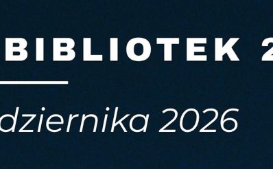 Plakat zapraszający w piątek 16 października 2026 r. do Giżycka na Noc Bibliotek Giżycko 2026. 