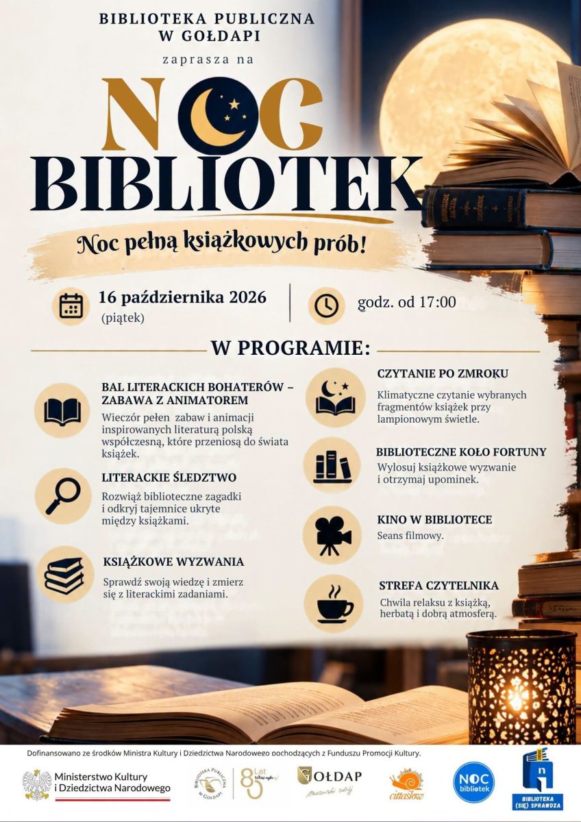 Plakat zapraszający w piątek 16 października 2026 r. do Gołdapi na Noc Bibliotek – Noc Pełna Książkowych Prób! Gołdap 2026. 