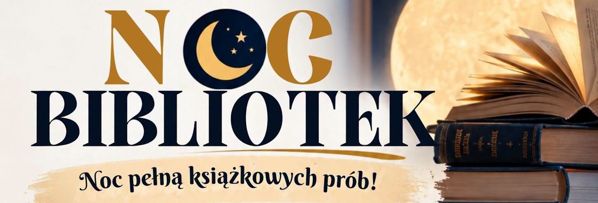 Plakat zapraszający w piątek 16 października 2026 r. do Gołdapi na Noc Bibliotek – Noc Pełna Książkowych Prób! Gołdap 2026. 