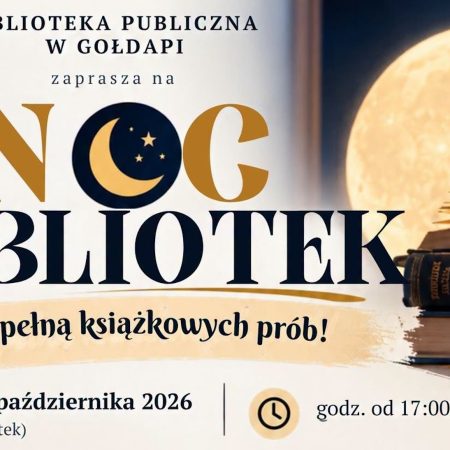 Plakat zapraszający w piątek 16 października 2026 r. do Gołdapi na Noc Bibliotek – Noc Pełna Książkowych Prób! Gołdap 2026. 
