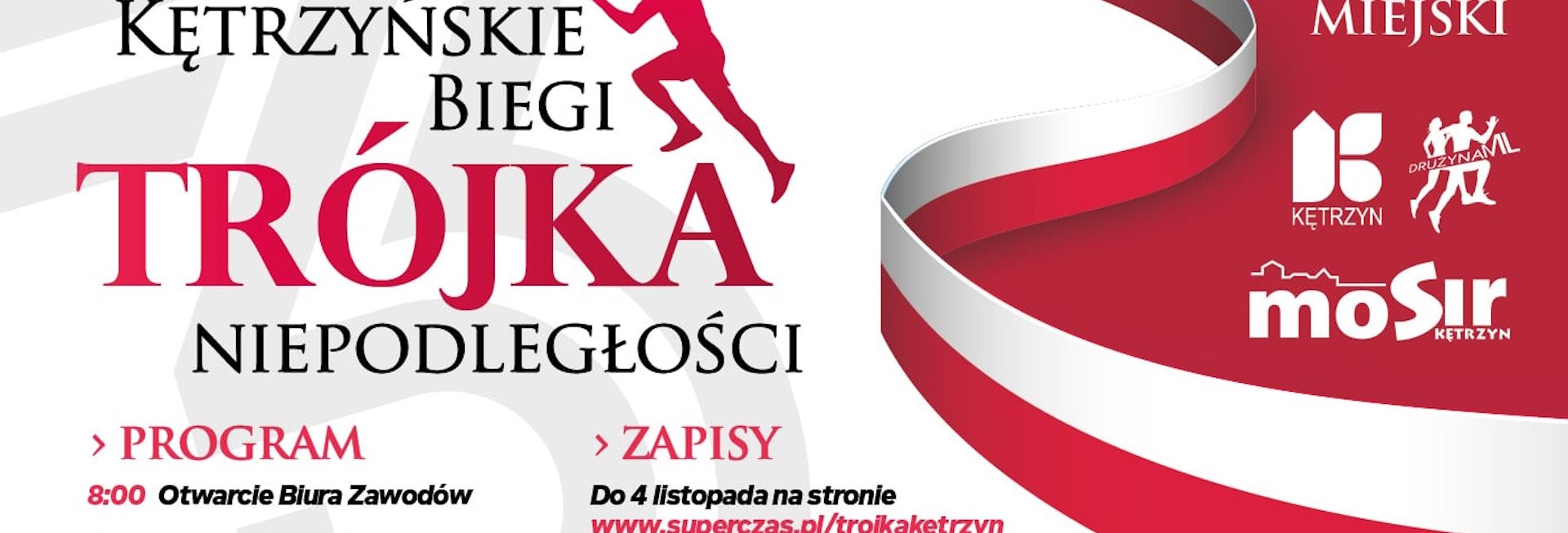 Plakat zapraszający w sobotę 7 listopada 2026 r. do Kętrzyna na Kętrzyńskie Biegi - Trójka Niepodległości Kętrzyn 2026. 
