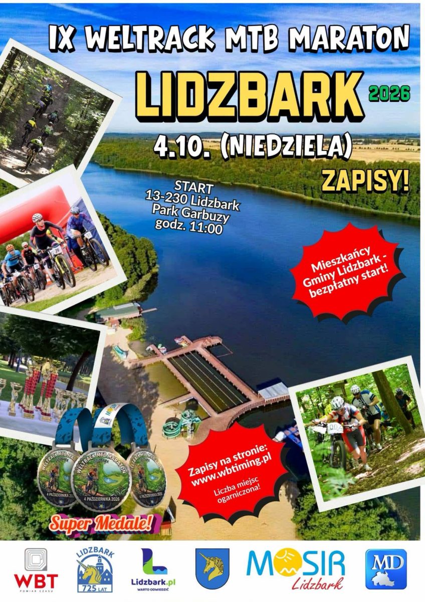 Plakat zapraszający w niedzielę 4 października 2026 r. do Lidzbarka na Wyścig Weltrack MTB Maraton Lidzbark 2026. 