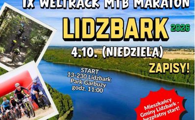 Plakat zapraszający w niedzielę 4 października 2026 r. do Lidzbarka na Wyścig Weltrack MTB Maraton Lidzbark 2026. 