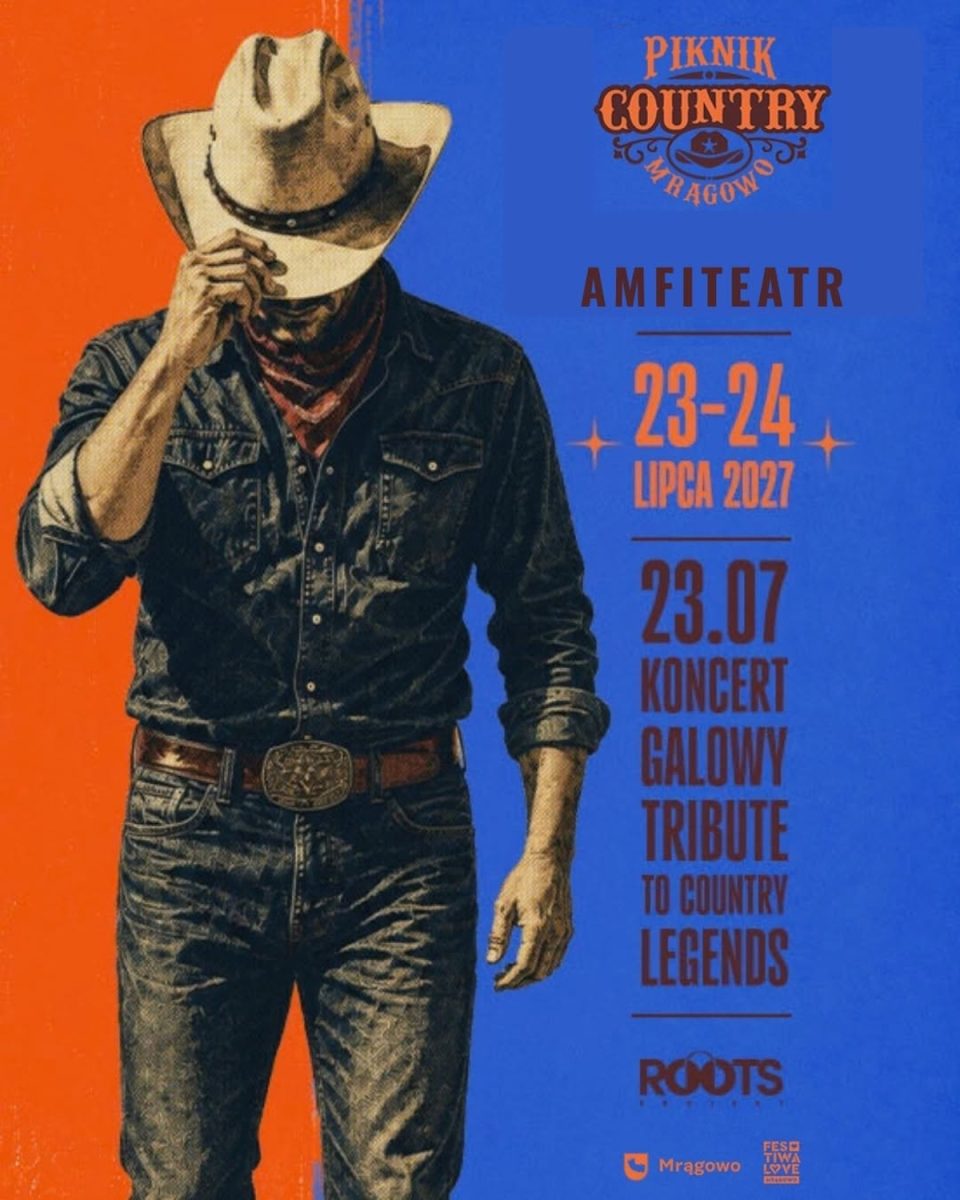 Plakat zapraszający w dniach 22-25 lipca 2027 r. do Mrągowa na 46. edycję Pikniku Country Mrągowo 2027.