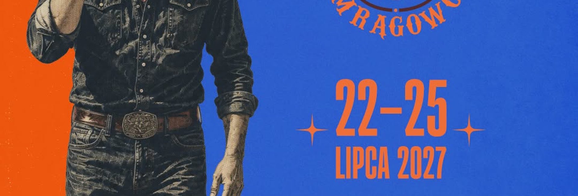 Plakat zapraszający w dniach 22-25 lipca 2027 r. do Mrągowa na 46. edycję Pikniku Country Mrągowo 2027.