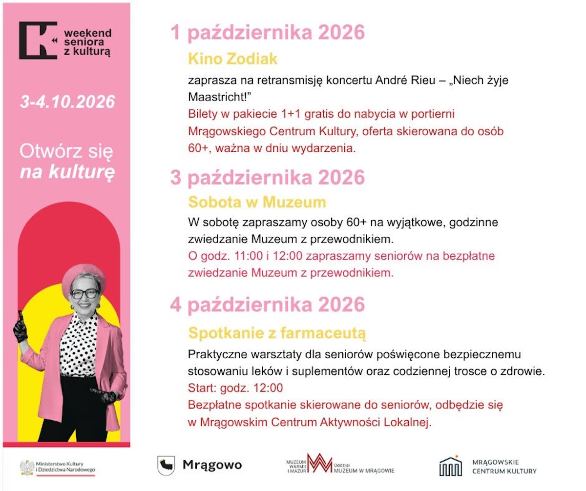 Plakat zapraszający w dniach 1-4 października 2026 r. do Mrągowa na Weekend Seniora z Kulturą Mrągowo 2026. 