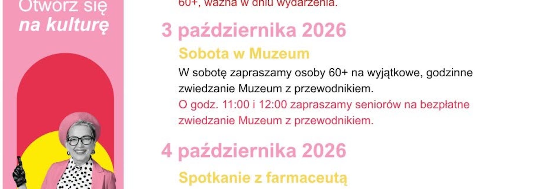 Plakat zapraszający w dniach 1-4 października 2026 r. do Mrągowa na Weekend Seniora z Kulturą Mrągowo 2026. 