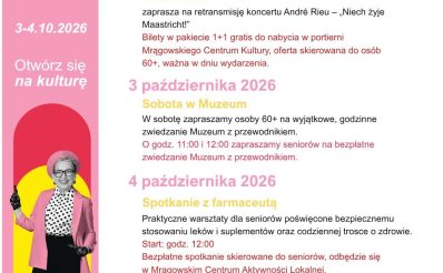 Plakat zapraszający w dniach 1-4 października 2026 r. do Mrągowa na Weekend Seniora z Kulturą Mrągowo 2026. 