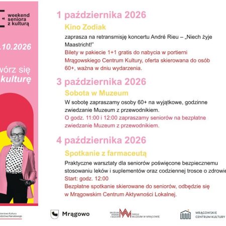 Plakat zapraszający w dniach 1-4 października 2026 r. do Mrągowa na Weekend Seniora z Kulturą Mrągowo 2026.