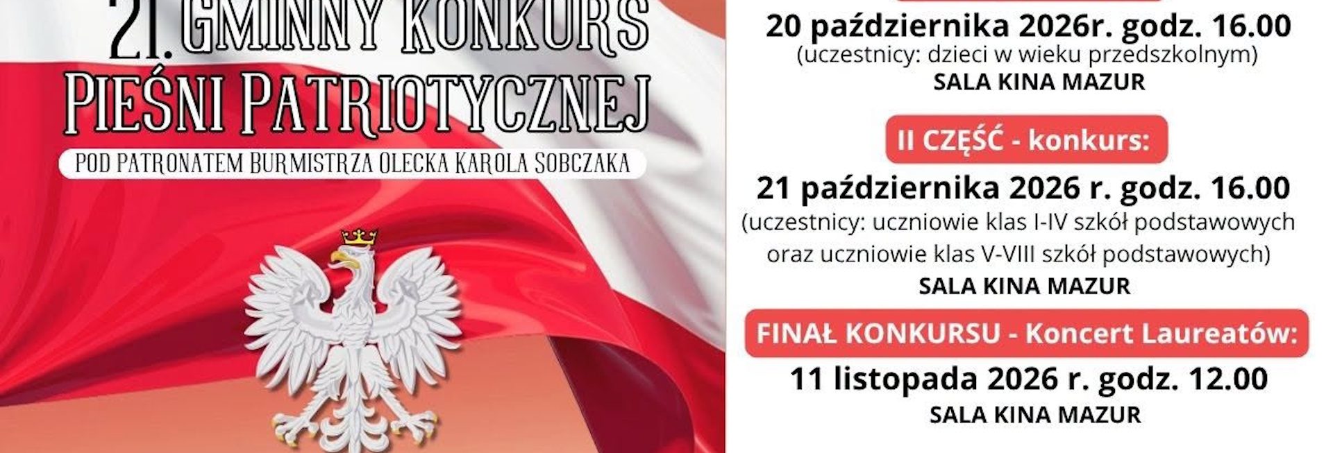 Plakat zapraszający w dniach 20-21 października 2026 r. do Olecka na Gminny Konkurs Pieśni Patriotycznej Olecko 2026. 