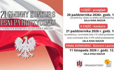 Plakat zapraszający w dniach 20-21 października 2026 r. do Olecka na Gminny Konkurs Pieśni Patriotycznej Olecko 2026. 