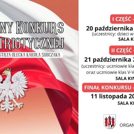 Plakat zapraszający w dniach 20-21 października 2026 r. do Olecka na Gminny Konkurs Pieśni Patriotycznej Olecko 2026. 