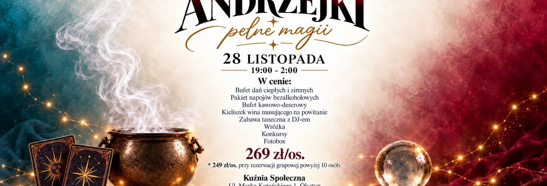 Plakat zapraszający w sobotę 28 listopada 2026 r. do Olsztyna na Andrzejki Pełne Magii - Kuźnia Społeczna Olsztyn 2026. 