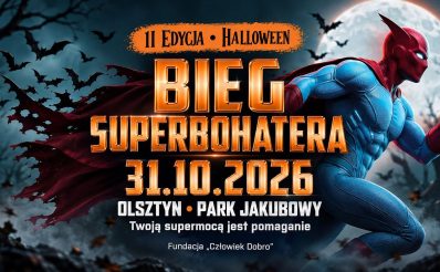 Plakat zapraszający w sobotę 31 października 2026 r. do Olsztyna na Bieg Superbohatera Olsztyn 2026.  