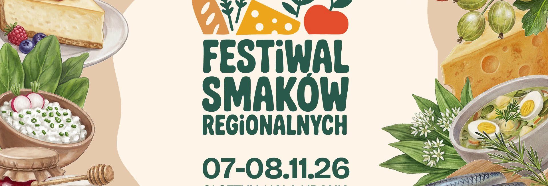 Plakat zapraszający w dniach 7-8 listopada 2026 r. do Olsztyna na Festiwal Smaków Regionalnych Hala Urania 2026. 