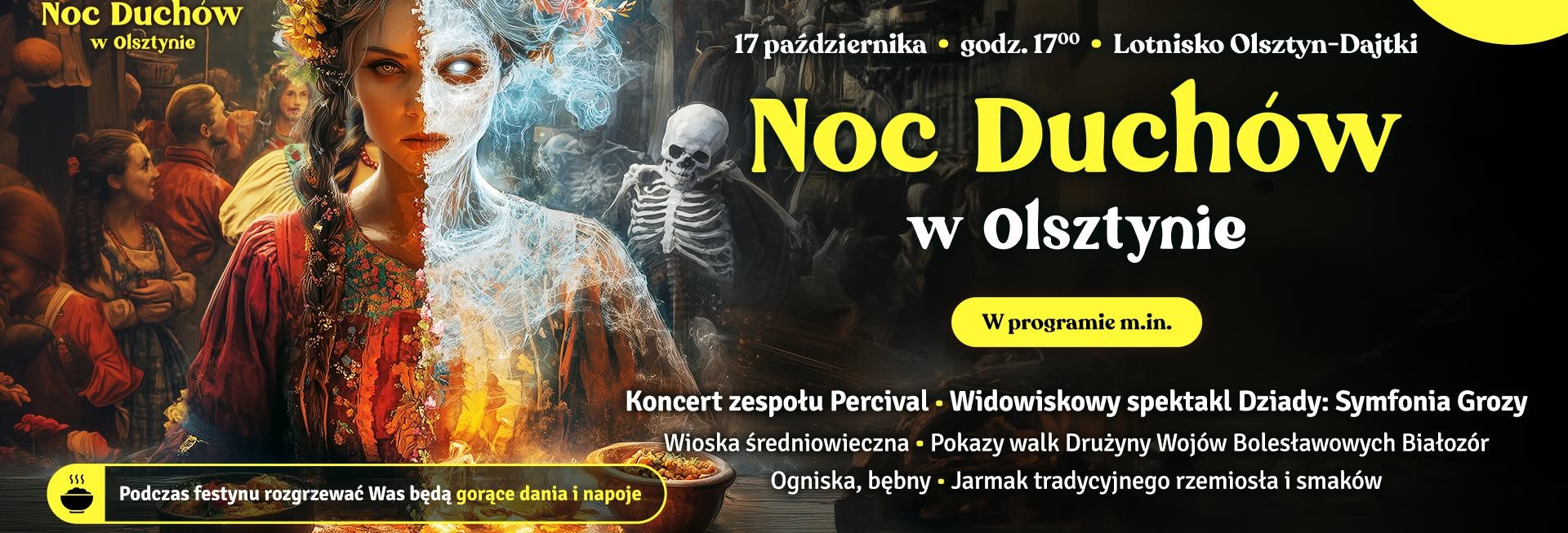 Plakat zapraszający w sobotę 17 października 2026 r. do Olsztyna na Noc Duchów na Lotnisku Dajtki w Olsztynie 2026.  
