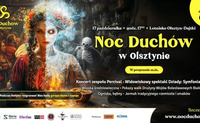 Plakat zapraszający w sobotę 17 października 2026 r. do Olsztyna na Noc Duchów na Lotnisku Dajtki w Olsztynie 2026.  