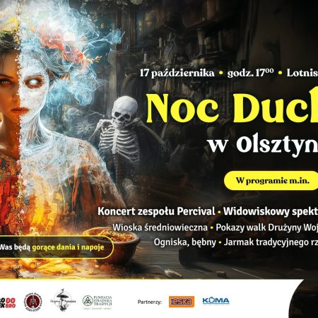 Plakat zapraszający w sobotę 17 października 2026 r. do Olsztyna na Noc Duchów na Lotnisku Dajtki w Olsztynie 2026.  