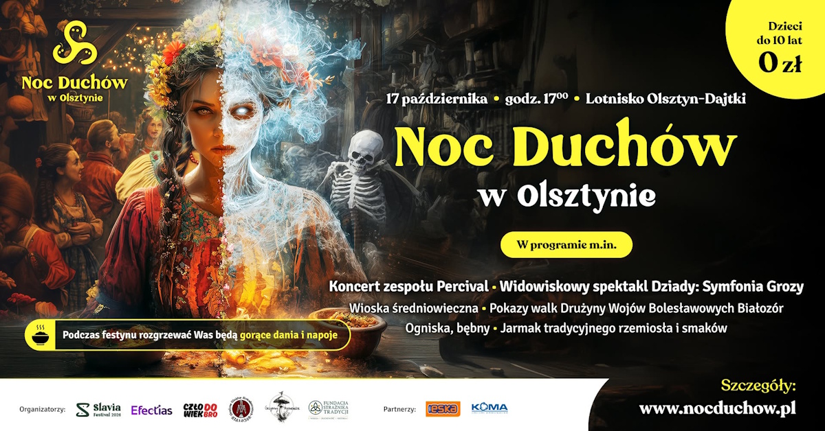 Plakat zapraszający w sobotę 17 października 2026 r. do Olsztyna na Noc Duchów na Lotnisku Dajtki w Olsztynie 2026.  