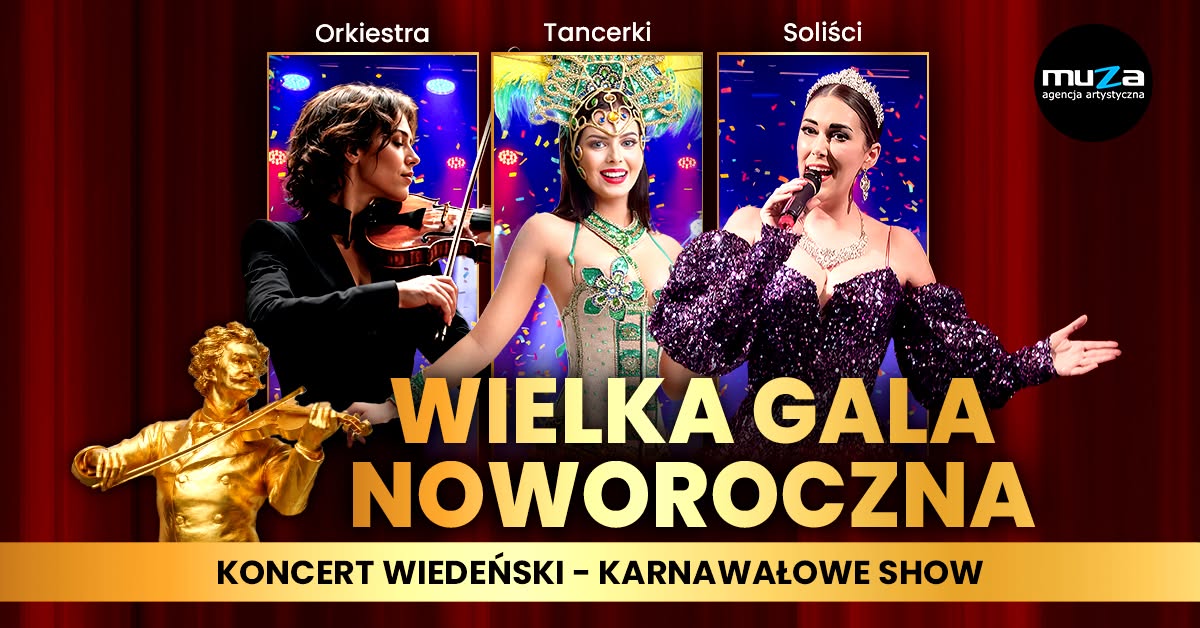 Plakat zapraszający we wtorek 5 stycznia 2027 r. do Olsztyna na Wielką Galę Noworoczną Koncert Wiedeński – Karnawałowe Show Filharmonia Olsztyn 2027.  