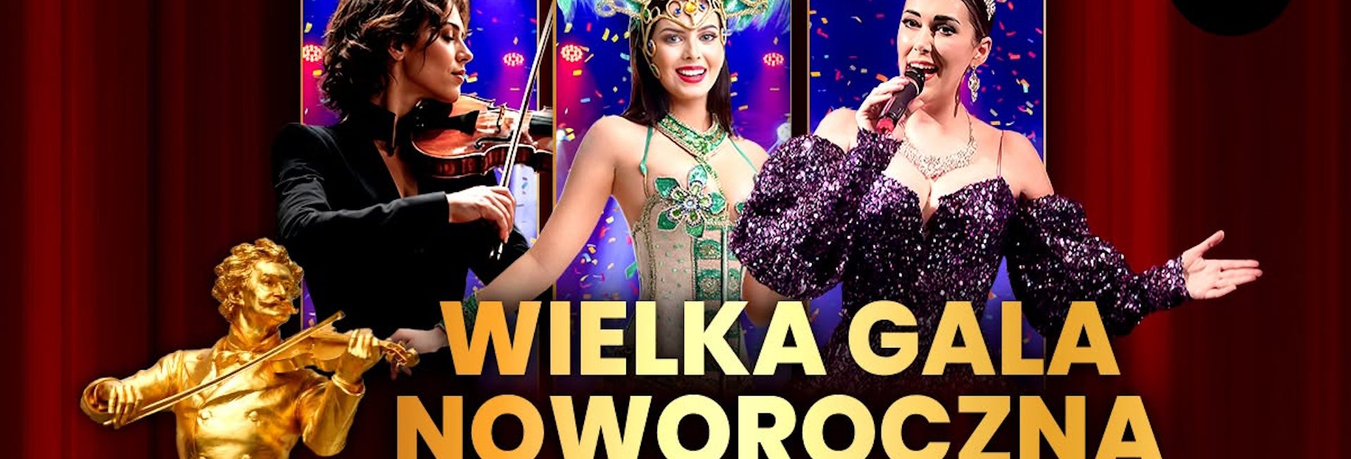 Plakat zapraszający we wtorek 5 stycznia 2027 r. do Olsztyna na Wielką Galę Noworoczną Koncert Wiedeński – Karnawałowe Show Filharmonia Olsztyn 2027.  