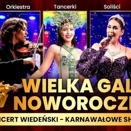 Plakat zapraszający we wtorek 5 stycznia 2027 r. do Olsztyna na Wielką Galę Noworoczną Koncert Wiedeński – Karnawałowe Show Filharmonia Olsztyn 2027.  