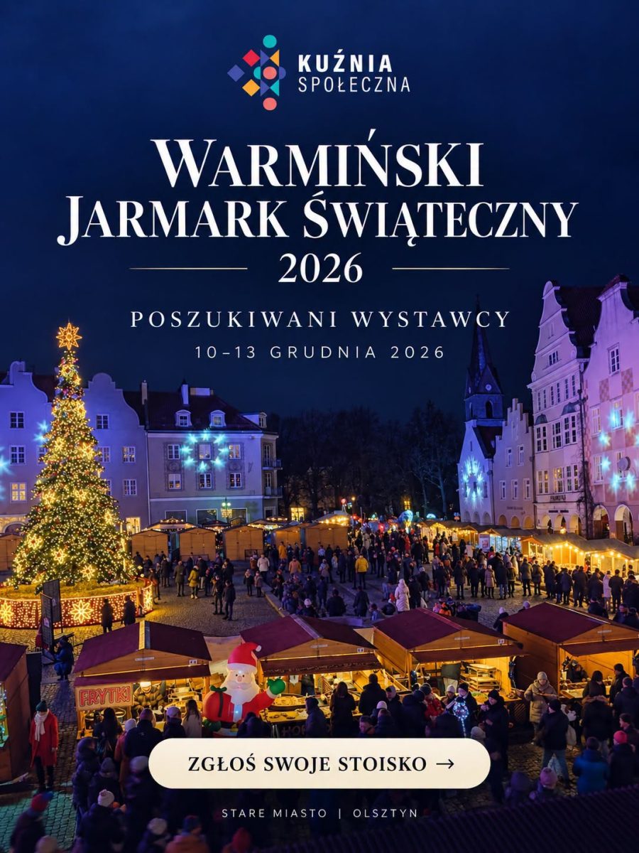 Plakat zapraszający w dniach 10-13 grudnia 2026 r. do Olsztyna na Warmiński Jarmark Świąteczny Olsztyn 2026. 