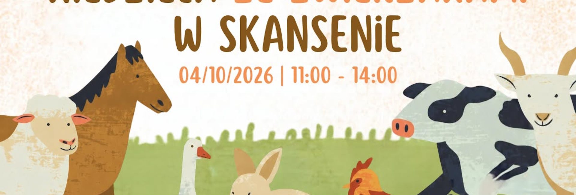 Plakat zapraszający w niedzielę 4 października 2026 r. do Muzeum Budownictwa Ludowego w Olsztynku na wydarzenie "Niedzielę ze Zwierzakami" w Skansenie Olsztynek 2026. 